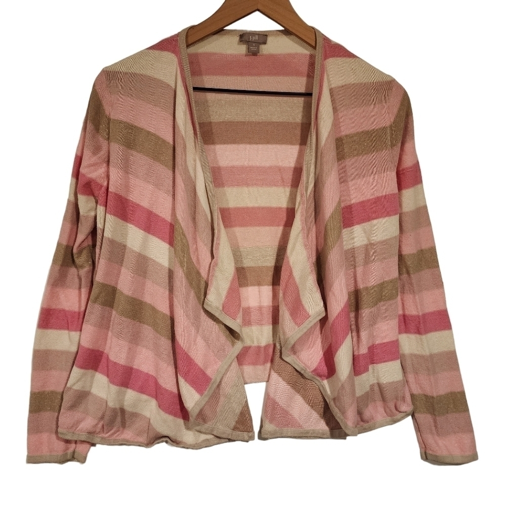 J. Jill Linen Cotton Blend Lightweight‎ Cardigan Drape Open Front Pink Stripe Sm